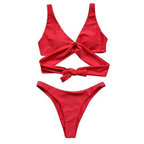 Bikinis Mujer 2021 Color SóLido Brasileños Bañador Ropa de Baño Push Up Dos Piezas con Tanga Cordones Traje de Baño de Cuello