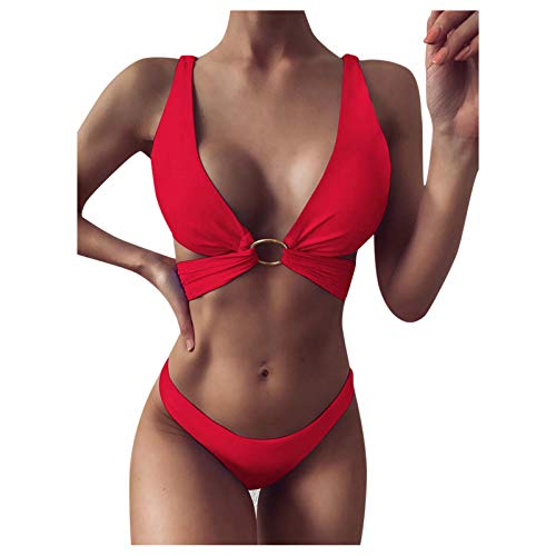 Bikinis Mujer 2021 Color SóLido Brasileños Bañador Ropa de Baño Push Up Dos Piezas con Tanga Cordones Traje de Baño de Cuello
