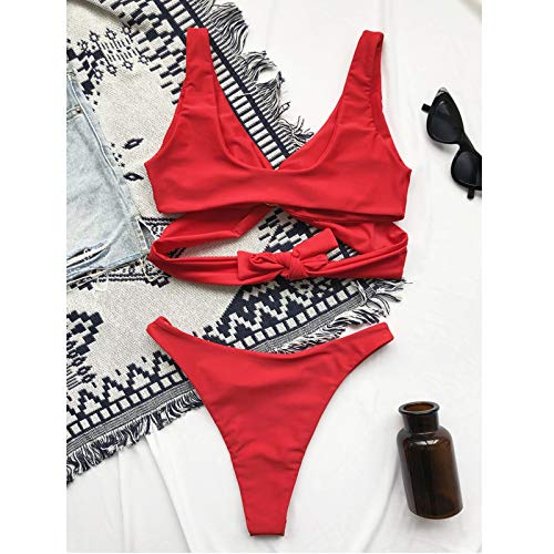 Bikinis Mujer 2021 Color SóLido Brasileños Bañador Ropa de Baño Push Up Dos Piezas con Tanga Cordones Traje de Baño de Cuello