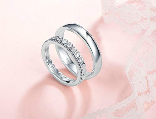 Bishilin Anillos de Pareja para Él y Sus Conjuntos 18K Oro Blanco Mujer Talla 25 & Hombre Talla 16 Coro de Princesa Príncipe Blanco Diamante Alianza de Boda de la Eternidad del Aniversario Plata