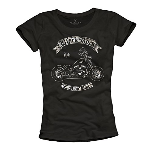 Black Rock Moto - Camisetas Moteras graciosas para Mujer Negras L