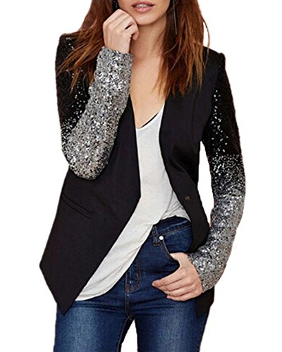 Blazer Chic Mujer Manga Larga Fiesta Splice Lentejuela Negocio Abrigo Chaqueta Americana Blazers Coat Moda Negro