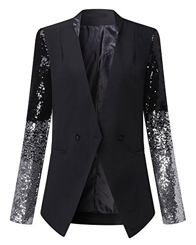 Blazer Chic Mujer Manga Larga Fiesta Splice Lentejuela Negocio Abrigo Chaqueta Americana Blazers Coat Moda Negro