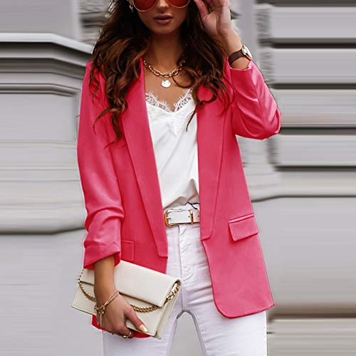 Blazer para Mujer Elegante Mangas Largas Cardigan Chaqueta de Traje Corte Slim de Negocio Oficina Color Sólido (Fucsia, M)