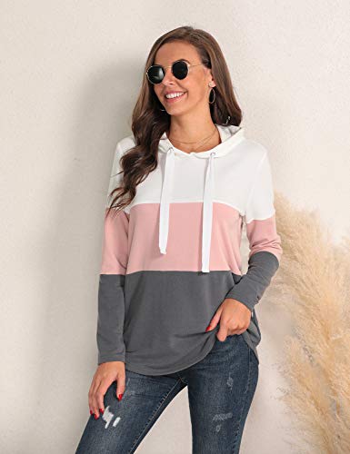 Blooming Jelly Sudaderas Mujer con Capucha Bloque de Color a Rayas Camiseta de Manga Larga Túnica Suéter con Cordón Tops con Bolsillos (Rosa, M)