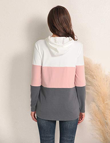 Blooming Jelly Sudaderas Mujer con Capucha Bloque de Color a Rayas Camiseta de Manga Larga Túnica Suéter con Cordón Tops con Bolsillos (Rosa, M)