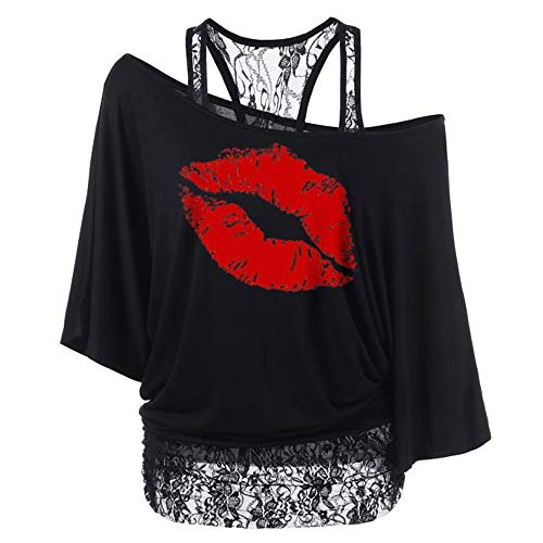 Blusa con Estampado de MujerHappyShopYZ Imprimir Camiseta Mujer Camiseta Encaje Mangas Cortas Chaleco Mujer Negro Vaquero