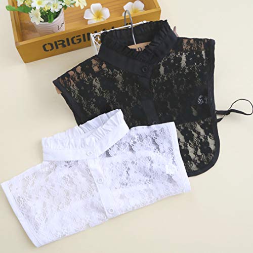 Blusa de encaje para mujer con cuello desmontable y cuello de muñeca falso negro y blanco M