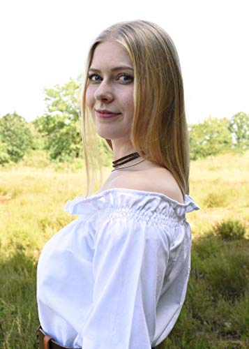Blusa de Estilo Medieval con Cuello de Barco - Manga Larga - Natural/Blanco/Negro - Algodón - S - XXL - Blanco - S