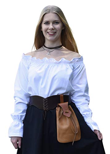 Blusa de Estilo Medieval con Cuello de Barco - Manga Larga - Natural/Blanco/Negro - Algodón - S - XXL - Blanco - S