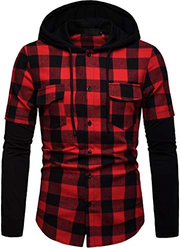 Blusa de Hombre Camisetas de Cuadros Ocasionales de los Jersey Blusa con Capucha Superior Cosiendo Manga Larga con Capucha para Hombre (Rojo, L)