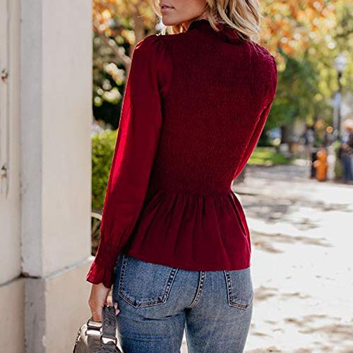 Blusa De Las Mujeres Elegante De Manga Larga De Cuello Alto Gasa Camisa Festiva De La Vendimia Blusa Color Sólido Tops Slim Fit