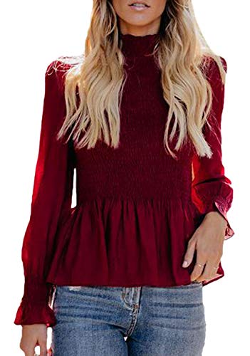 Blusa De Las Mujeres Elegante De Manga Larga De Cuello Alto Gasa Camisa Festiva De La Vendimia Blusa Color Sólido Tops Slim Fit