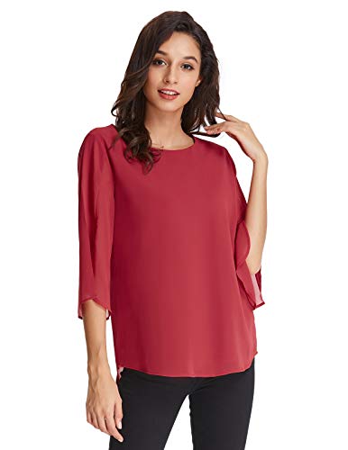 Blusa de Mujer Camisa de Gasa 3/4 Manga Ligera Cuello Redondo Suave Transpirable para El Verano Red Spring XL CLAF15-4