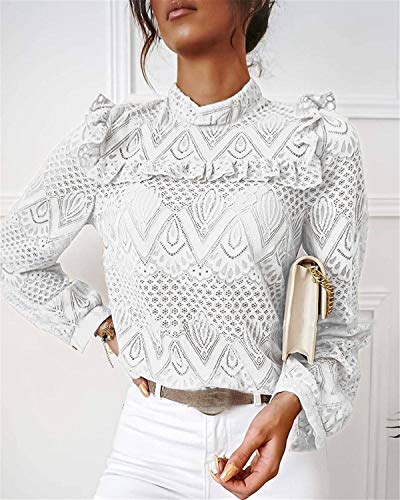 Blusa de mujer de encaje elegante vintage de manga larga cuello alto para primavera/otoño blanco L