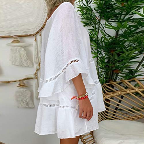 Blusa Hueca de algodón y Lino para Mujer Camiseta Botones con Cuello en V y Tallas Grandes Camisa Suelta Casual Blanco XXXXXL