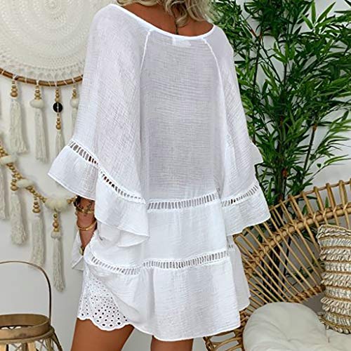 Blusa Hueca de algodón y Lino para Mujer Camiseta Botones con Cuello en V y Tallas Grandes Camisa Suelta Casual Blanco XXXXXL