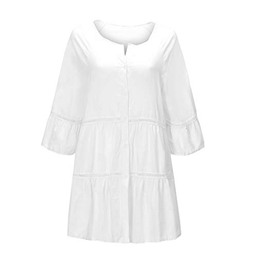 Blusa Hueca de algodón y Lino para Mujer Camiseta Botones con Cuello en V y Tallas Grandes Camisa Suelta Casual Blanco XXXXXL