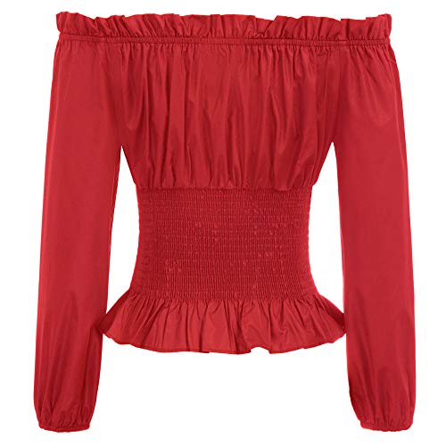 Blusa Mujer Blusa Decorada con Encaje Vintage Camisa de Oficina Elegante de Manga Larga Camiseta Casual Rojo 2XL SL066-3