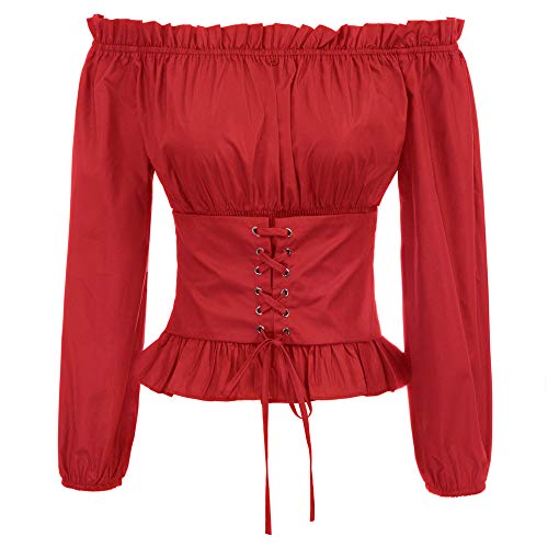 Blusa Mujer Blusa Decorada con Encaje Vintage Camisa de Oficina Elegante de Manga Larga Camiseta Casual Rojo 2XL SL066-3