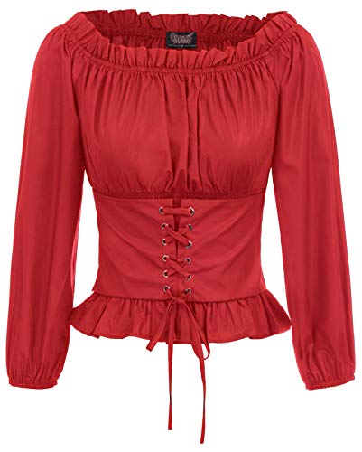 Blusa Mujer Blusa Decorada con Encaje Vintage Camisa de Oficina Elegante de Manga Larga Camiseta Casual Rojo 2XL SL066-3