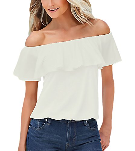 Blusa Mujer Elegantes Cuello Barco Hombro Descubierto con Volantes Basic Ropa Slim Fit Hippie Moda Hipster Casual Color Solido Niña Verano Gasa Blusas Camisas Camiseta Tops Ropa