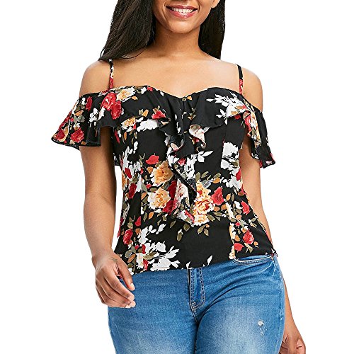 Blusa Mujer Manga Corta Mujer Blusas para Mujer Verano Camiseta De Mujer Blusa De Estampado Floral Blusa con Hombros FríOs con Volantes Correa Camis Blusa Festa (XXL, Negro)