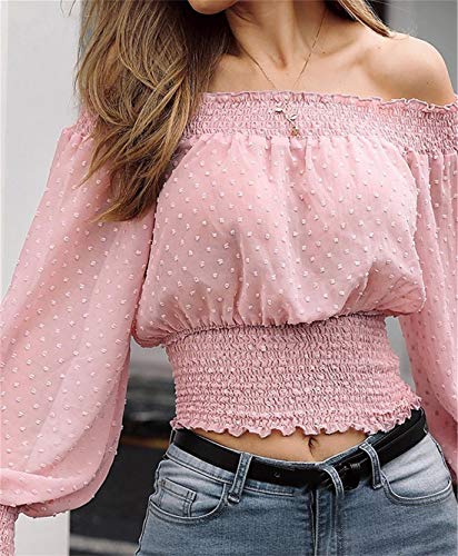 Blusa Mujer Top Fuera del Hombro Camiseta Escote Barco con Mangas Largas Lunares Hinchados Elegante (Rosa, L)