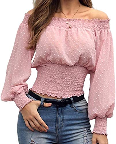 Blusa Mujer Top Fuera del Hombro Camiseta Escote Barco con Mangas Largas Lunares Hinchados Elegante (Rosa, L)
