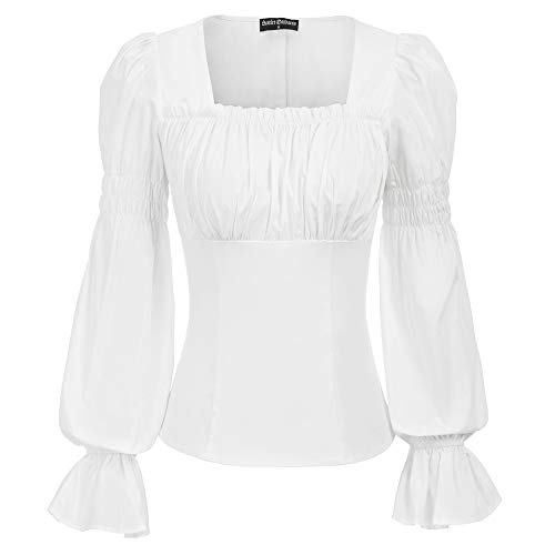 Blusa Top para Mujer Steampunk Renacimiento Blusa Top Medieval gótico Lolita Bohemia Manga Larga Cuello Cuadrado Retro Vintage Talla XL Blanco