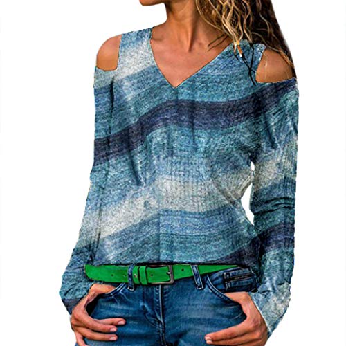 Blusa y Camisa Mujer Manga Larga Hombro sin Tirantes Imprimiendo Arriba Camisetas Mujer Manga Larga Originales Rayas Chaqueta Informal riou