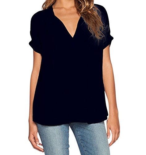 Blusas de Vestir Manga Corta Cuello en V Blusa Gasa Fiesta Camisas Mujer Camisetas Largas Elegantes Dama Bonitas Blusas Top para Señoras Blusones Anchas Camiseta Casual Color Puro Negro L