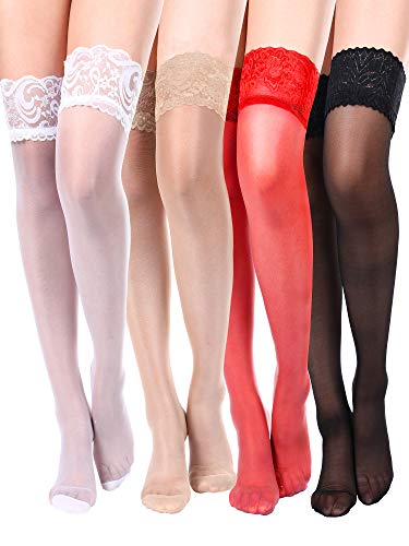 Boao 4 Pares de Medias Altas de Pulso de Mujeres Medias de Encaje de Silicona Medias Sedosas para Mujeres Chicas (Conjunto de Colores 1)