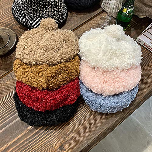 Boinas Gorro Invierno Sólido Felpa Lindo Pompón Dama Boina Sombrero Mujeres Ocio Pintor Sombrero-Beige_Head_Size_57Cm