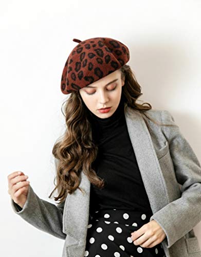 Boinas Gorro Mujeres Otoño Invierno Boinas Moda Leopardo Impreso Boina Gorra Damas Niñas Sombreros Casuales Mujer Pintora Gorra para Caminar Cálida Comodescripción Camello