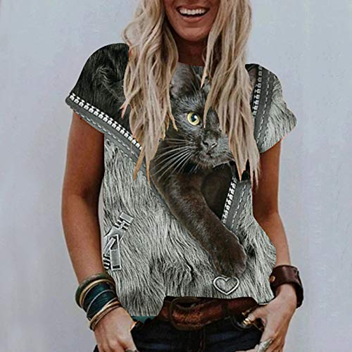 BOIYI Camisa De Manga Corta Mujer Cuello Redondo Camisetas A Rayas con Estampado De 3D Gatos Animado Camiseta Ropa De Calle Blusas Informal Tops(Gris,M)