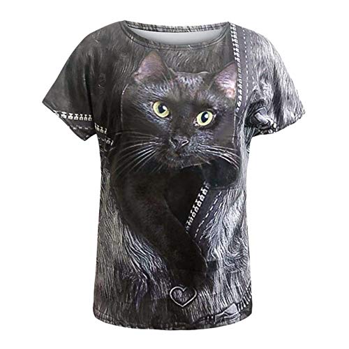 BOIYI Camisa De Manga Corta Mujer Cuello Redondo Camisetas A Rayas con Estampado De 3D Gatos Animado Camiseta Ropa De Calle Blusas Informal Tops(Gris,M)
