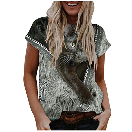 BOIYI Camisa De Manga Corta Mujer Cuello Redondo Camisetas A Rayas con Estampado De 3D Gatos Animado Camiseta Ropa De Calle Blusas Informal Tops(Gris,M)