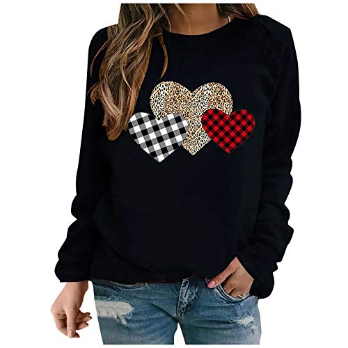 BOIYI Camiseta Manga Larga de Cuello Redondo Mujer Jersey con Estampado de Corazón de Amor, Tartán y Leopardo Casual Camiseta Otoño Primavero Sudaderas Blusa Tops Pullover(Negro,M)
