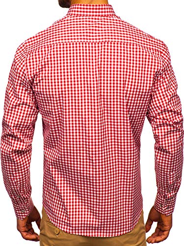 BOLF Hombre Camisa a Cuadros de Manga Larga Cuello Americano Camisa de Algodón Slim fit Estilo Casual 9712 Rojo L [2B2]