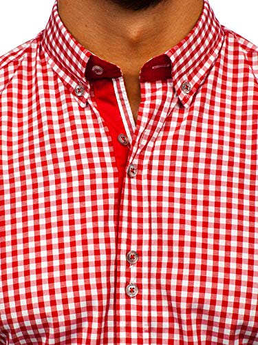 BOLF Hombre Camisa a Cuadros de Manga Larga Cuello Americano Camisa de Algodón Slim fit Estilo Casual 9712 Rojo L [2B2]