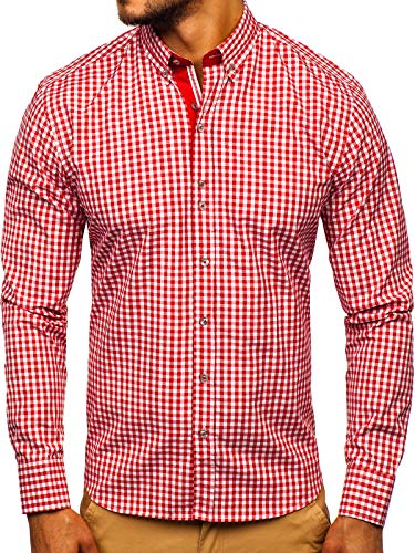 BOLF Hombre Camisa a Cuadros de Manga Larga Cuello Americano Camisa de Algodón Slim fit Estilo Casual 9712 Rojo L [2B2]