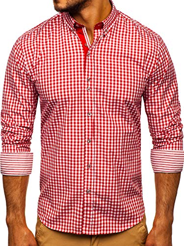 BOLF Hombre Camisa a Cuadros de Manga Larga Cuello Americano Camisa de Algodón Slim fit Estilo Casual 9712 Rojo L [2B2]