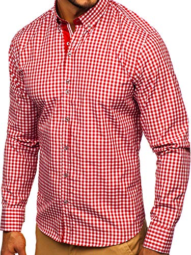 BOLF Hombre Camisa a Cuadros de Manga Larga Cuello Americano Camisa de Algodón Slim fit Estilo Casual 9712 Rojo L [2B2]