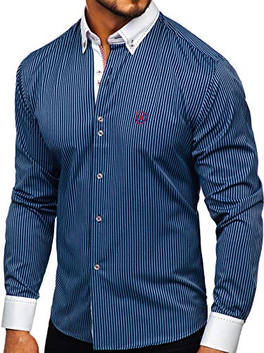 BOLF Hombre Camisa de Manga Larga con Rayas Cuello Americano Camisa de Algodón Slim fit Estilo Casual 9717 Azul Oscuro XL [2B2]