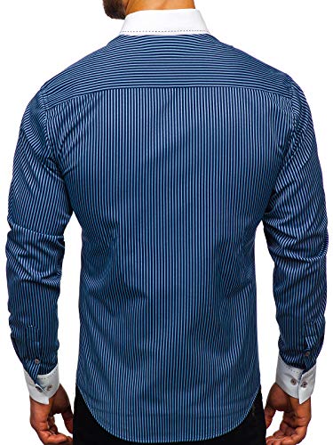BOLF Hombre Camisa de Manga Larga con Rayas Cuello Americano Camisa de Algodón Slim fit Estilo Casual 9717 Azul Oscuro XL [2B2]