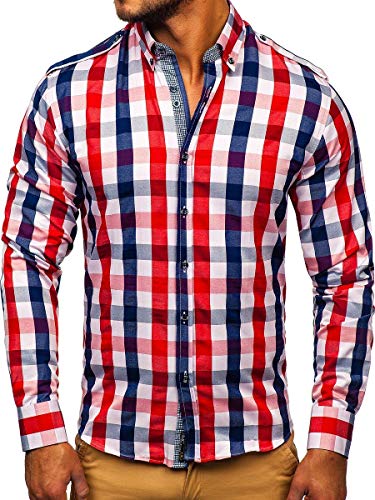 BOLF Hombre Camisa De Manga Larga Cuello Americano Camisa de Algodón Slim fit Estilo Casual 2779 Rojo XL [2B2]
