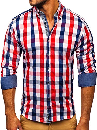 BOLF Hombre Camisa De Manga Larga Cuello Americano Camisa de Algodón Slim fit Estilo Casual 2779 Rojo XL [2B2]