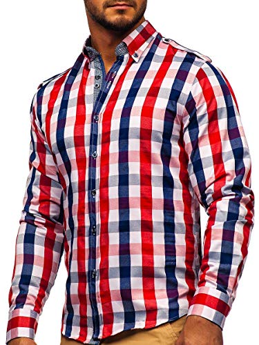 BOLF Hombre Camisa De Manga Larga Cuello Americano Camisa de Algodón Slim fit Estilo Casual 2779 Rojo XL [2B2]