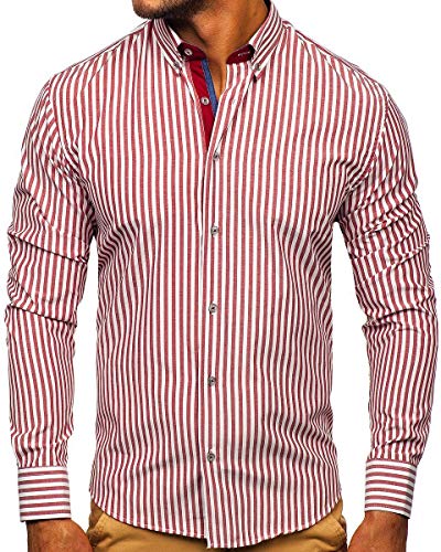 BOLF Hombre Camisa de Rayas de Manga Larga Cuello Americano Camisa de Algodón Camise Elegante Slim fit Estilo Casual 20704 Burdeos L [2B2]